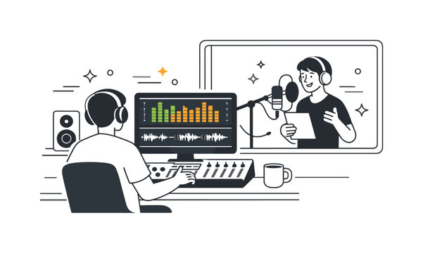 TV Voiceover Session. Voiceover recording for TV. A sound engineer monitoring audio levels on a screen while a voice actor records behind glass. The scene