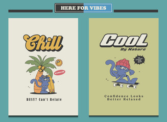 Naklejka premium summer vibes poster with cute cat cartoon character, perfect for posters, t-shirt, or wall decor. Vector illustration