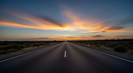 Long straight empty road stretching towards a dramatic sunset sky with vibrant orange and blue clouds