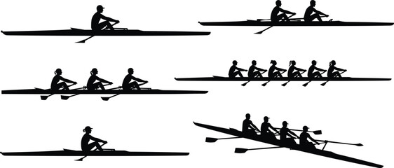 Black silhouettes of people rowing in different boats sport © Shamim creative 