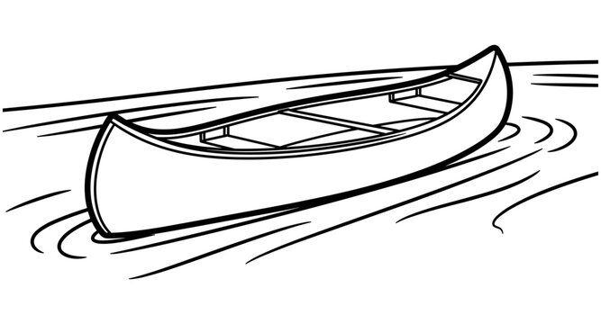 Simple line drawing of an empty canoe floating on calm water with gentle ripples