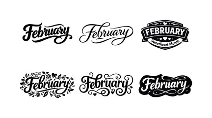Fototapeta premium February Lettering Variations. Decorative February banners. Set lettering. harmonious lettering variations of the same emblematic concept, each with different
