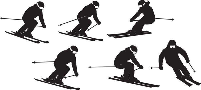 Black silhouettes of skiers in various downhill skiing poses also transparent background white background