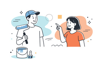 Obraz premium Home Renovation Joy. Couple decorating home. One person holding a paint roller while the other points at the wall. Friendly renovation moment with abstract