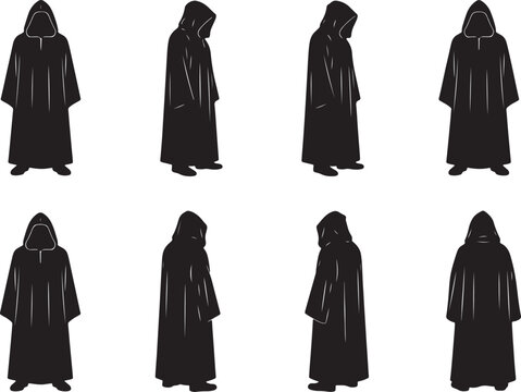 Silhouettes of hooded cloaked figures in various standing poses also transparent background black