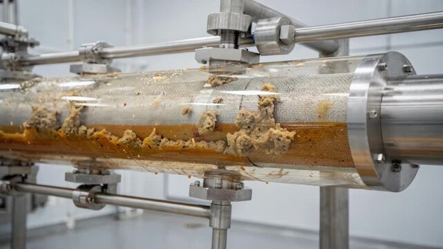 Medium shot of inline filtration using fine mesh screens capturing clumps and particles in liquid dressings highlighting precision and cleanliness in food processing.