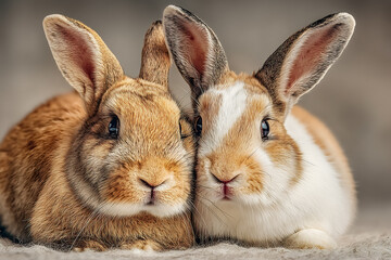 Fototapeta premium Two rabbits sitting together, gentle and calm mood. Two Adorable Rabbits Cuddling Together
