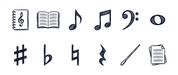 Fototapeta premium Collection of hand-drawn musical notes, clefs, and notation symbols in a sketch style, including a treble clef, bass clef, sharp, flat, and a conductor's baton