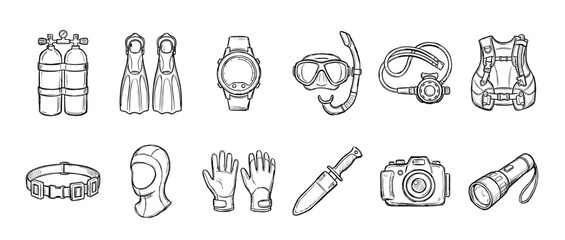 Fototapeta premium Scuba diving equipment and accessories set hand-drawn in a black and white line art style, including a mask, fins, tank, camera, and other gear for underwater adventure