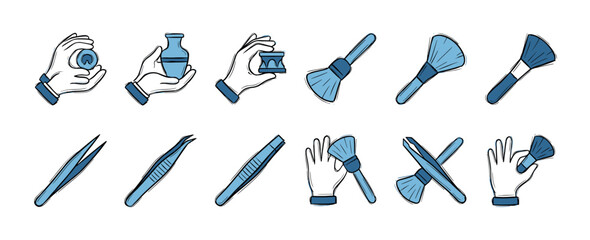 Set of blue hand-drawn beauty tool icons including various makeup brushes, tweezers, cosmetic pots, and hands in a doodle sketch style for skincare and cosmetology