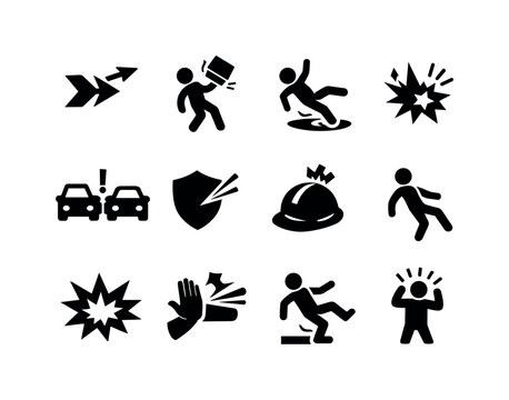 Near Miss Icons. Near Miss Events. Solid icon set of Near Miss Events: close call arrow, falling object dodge, slippery floor, accidental spark, traffic near