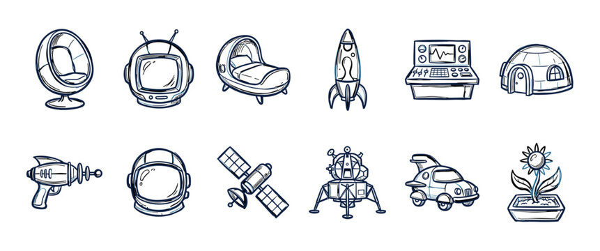 Set of retro-futuristic space icons hand-drawn in a sketch style includes a rocket, astronaut helmet, satellite, and flying car, illustrating a vintage science fiction theme
