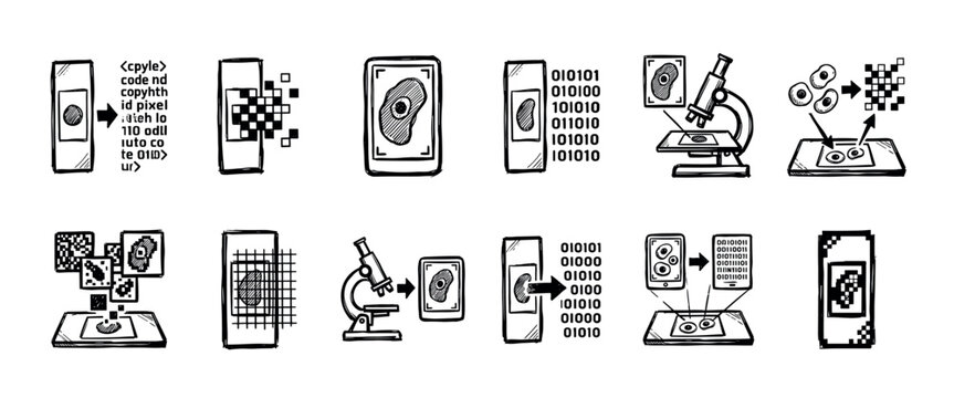 Hand-drawn black and white icon set illustrating the process of digitizing biological samples from a microscope slide into binary code and pixel data for scientific analysis and research