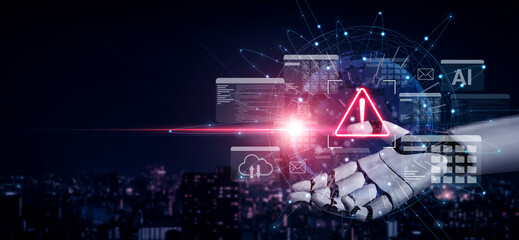 Obraz premium A futuristic robotic hand interacts with digital warning alerts, emphasizing cybersecurity threats and technology challenges in a modern urban landscape. Gantry