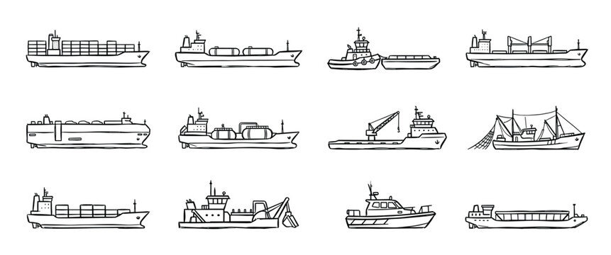 Collection of twelve hand-drawn ships and boats including a container vessel, tanker, and fishing trawler presented in a simple black and white line art illustration style