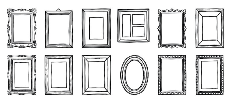 Hand drawn picture frames in various styles and shapes, including ornate, simple, rectangular, and oval designs, presented as a black and white doodle illustration collection