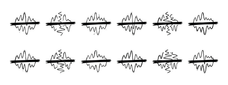 Hand drawn black ink sound wave icon set with a strikethrough line, a collection of sketchy audio waveform doodles representing censorship, silence, or muted sound