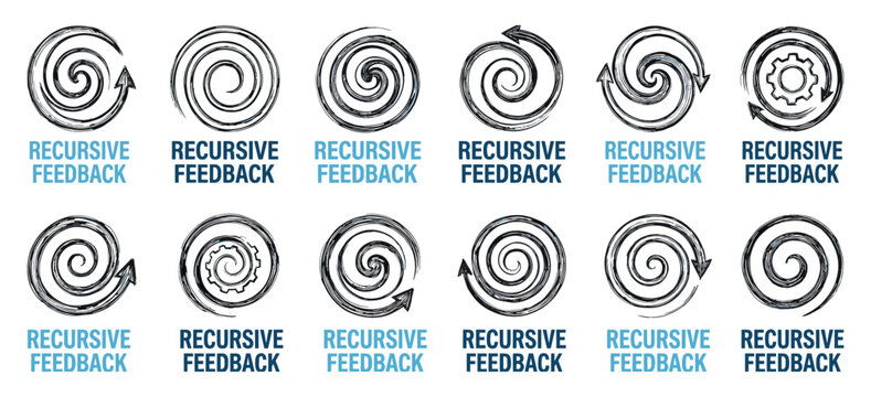Set of hand-drawn recursive feedback icons with spiral, arrow, and gear symbols representing continuous improvement, iteration, and cyclical processes in a sketch style