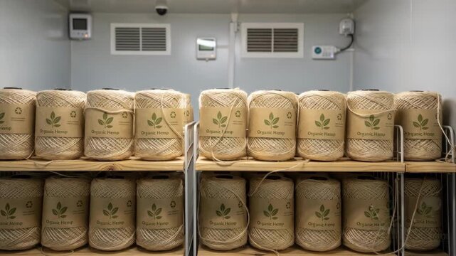 Medium shot of hemp yarn cones neatly arranged in an environmentally controlled storage space highlighting sustainable fiber preservation techniques.
