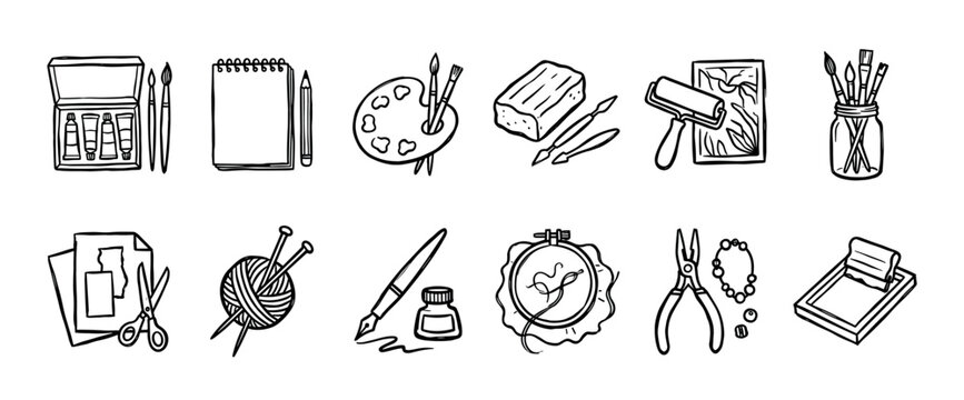 Set of hand-drawn black line icons representing various arts and crafts hobbies like painting, knitting, sculpting, embroidery, and printmaking in a simple doodle style