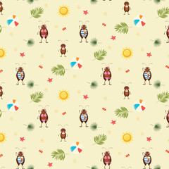 Children's pattern tropical backgrounds. Cute cockroaches on the beach.