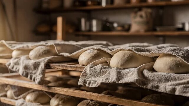 Medium shot of fresh dough pieces covered with cloth resting on wooden racks highlighting artisanal bread preparation and traditional bakery ambiance.
