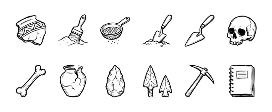 Set of hand-drawn archaeology icons featuring ancient artifacts and excavation tools like a skull, bone, pottery, arrowhead, and trowel in a black and white doodle sketch style