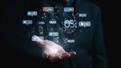 Fototapeta premium Social media marketing strategy with engagement metrics. Social marketing boosts media visibility. Social media marketing drives traffic. Social media marketing increases engagement. Elide