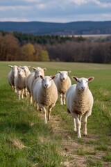 Obraz premium Flock of sheep walking along a grassy path in a wide open pasture under a blue sky with distant hills creating a serene rural scene
