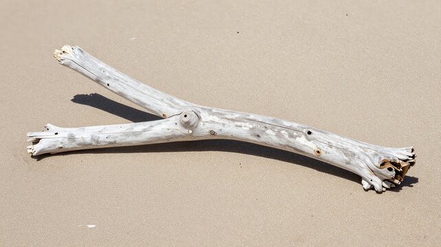 Weathered bleached driftwood branch on a light sandy beach surface on a sunny day
