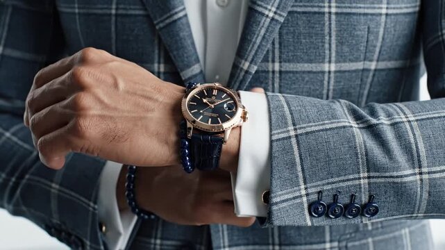 Man wearing a stylish blue checked suit and a modern watch on his wrist, showcasing elegance and sophistication