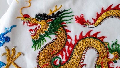 Embroidered dragon on white fabric in hoop vibrant colors traditional East Asian craftsmanship textile art