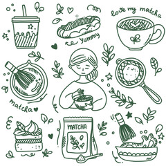 cute matcha set with outline green elements, hand drawn matcha tea. leaves and sweets