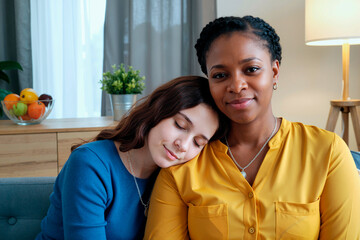 Portrait of young woman resting head on shoulder of young Black woman sitting together on sofa, both wearing necklaces, showing close friendship and emotional support