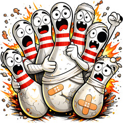 Humorvolle digitale Illustration verletzter Bowlingkegel mit erschrockenen Gesichtern nach einem heftigen Treffer