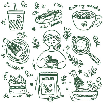 cute matcha set with outline green elements, hand drawn matcha tea. leaves and sweets