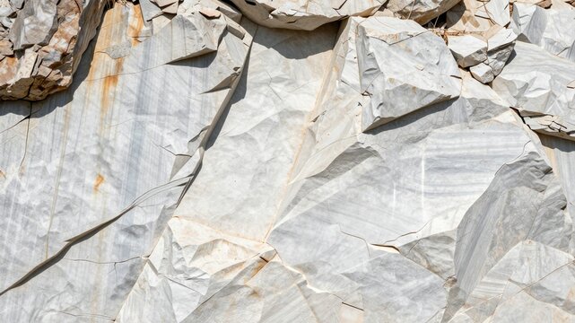 Marble stone quarry surface close up showing natural veining and fracture lines geological material background