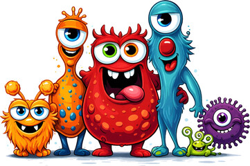 Farbenfrohe digitale Illustration einer lustigen Monster-Familie mit gro&szlig;en Augen