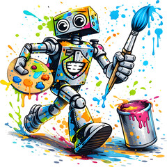 Kreative digitale Illustration eines bunten Roboters mit Pinsel und Farbpalette beim Malen