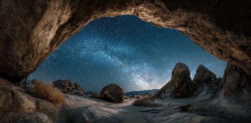 A cave opening reveals a breathtaking view of the night sky, showcasing the Milky Way