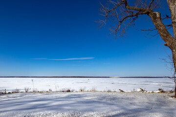 Frozen Mississippi River with snow near Nauvoo IL