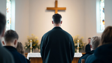 Priest delivering sermon at altar during ash wednesday ceremony in church