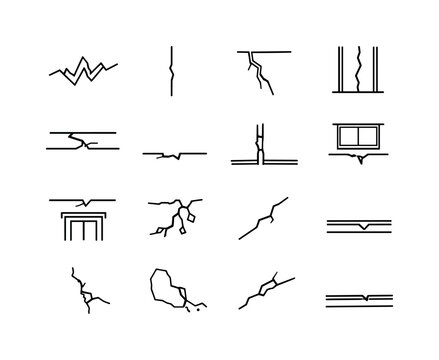Home Wall Cracks Icons. Home Wall Cracks. Line icon set of Home Wall Cracks: zigzag crack, vertical line, corner break, wall gap, ceiling fracture, floor line,