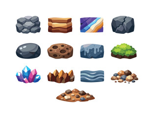 Fototapeta premium Colorful Cave Texture Icons. Cave textures. Colorful flat vector icons set of cave textures: rough stone patch, layered sediment, mineral stripe pattern,