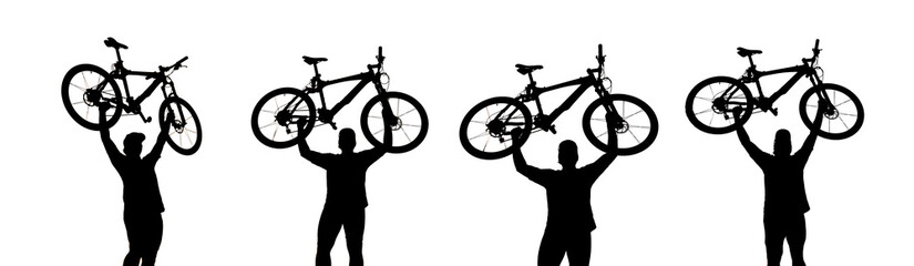 Silhouette of four people raising bicycles high, celebrating a cycling achievement.  They exude a sense of victory, triumph, and success.  © Stock4u2024 