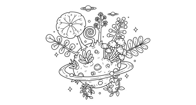 Whimsical alien planet with strange flora, mushrooms, and UFOs in outer space