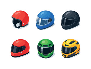 Fototapeta premium Isometric Rider Helmets. Rider helmet. Isometric flat vector icons set of rider helmet: classic motorcycle helmet, helmet with clear visor, helmet with tinted