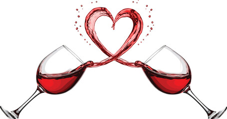 Two wine glasses forming a heart with red wine heart shape romantic valentines day
