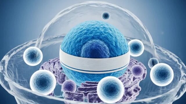 A blue cell with a white band and bubbles in a scientific medical illustration on a blue background