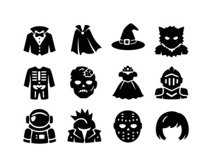 Obraz premium Halloween Costume Icons. Halloween Pop Costumes. Solid icon set of Halloween Pop Costumes: vampire suit, superhero cape, witch hat, werewolf costume, skeleton